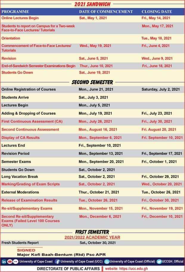 UCC releases official 2020/21 Academic Calendar