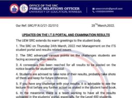 EducationGhana| March 30| UEW SRC gives Updates on ITS Portal and Examination Results challenges for the 2021/22 Academic Year:
