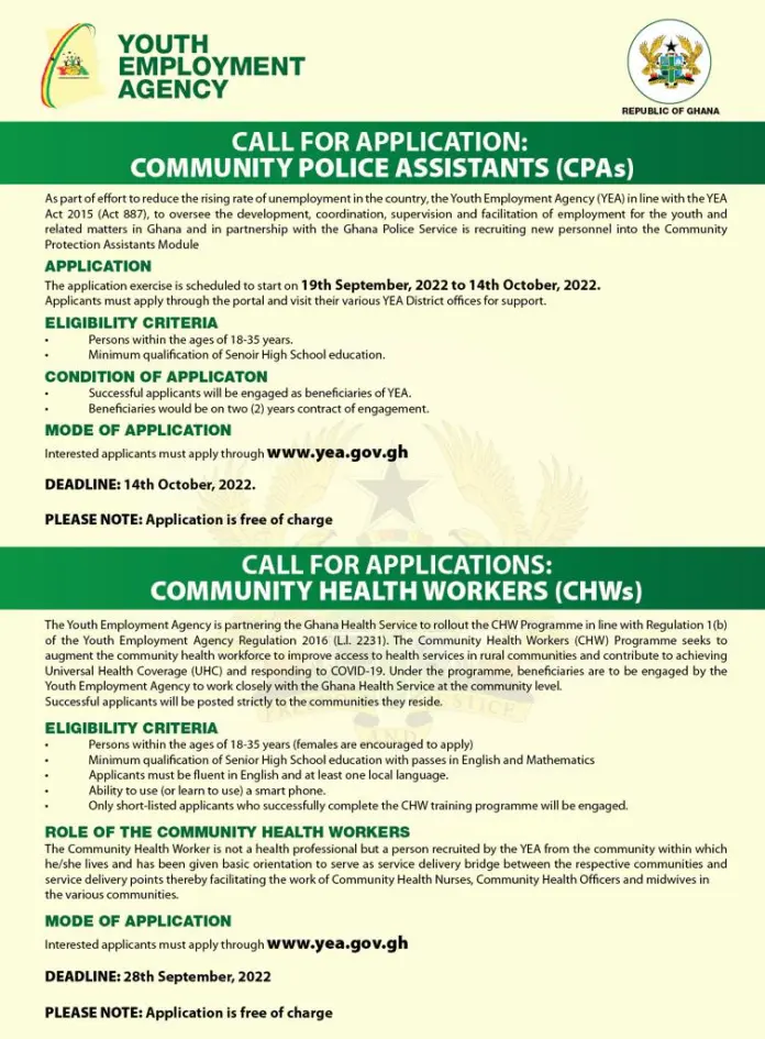 2022 Jobs: YEA begins recruitment of Community Police Assistants and Health Workers