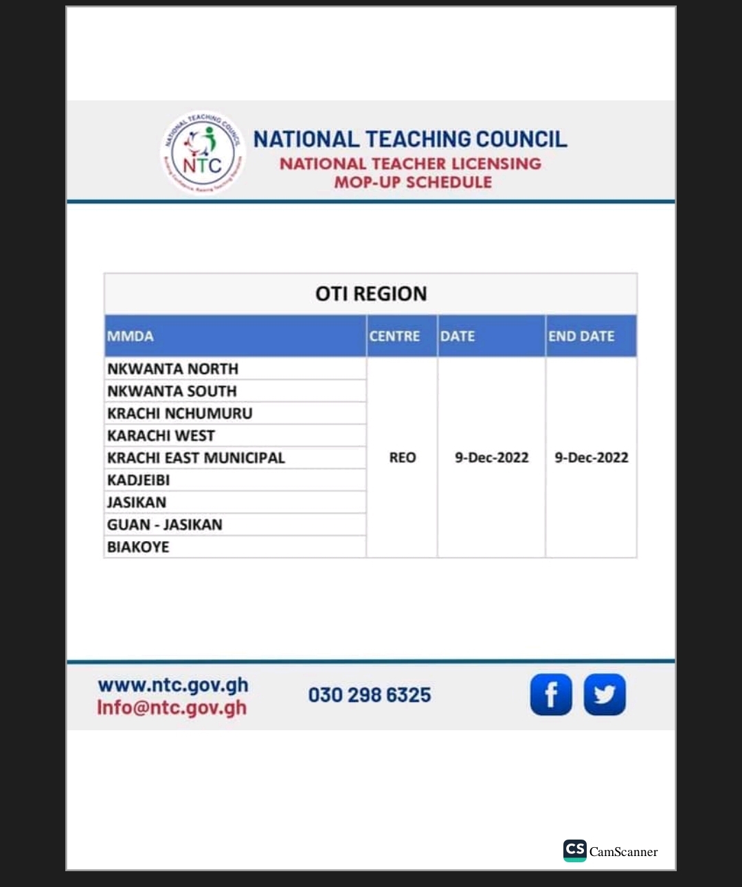 December 2022 NTC Teacher Licensing Mob-up Schedule for Volta Region