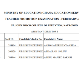 February 2023 GES Promotion: St John Bosco College of Education Exam Centre AD1 Teachers' List