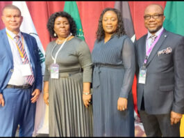 Hon. Ester Anna Nghipondoka, MP. Minister of Education, Arts and Culture, Namibia (2nd from left) with Ms. Loide Shaanika, Secretary General of NANTU (second from right) at the AFTRA Conference in Accra, Ghana May 30-31, 2022.
