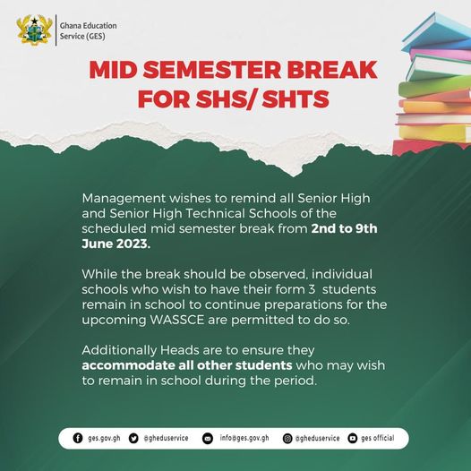SHS Students to begin Mid Semester break on June 2