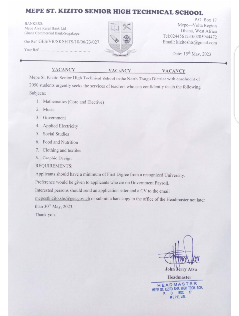 V/R: Mepe St. Kizito SHS announces Vacancies for Subject Teachers - APPLY HERE | 1