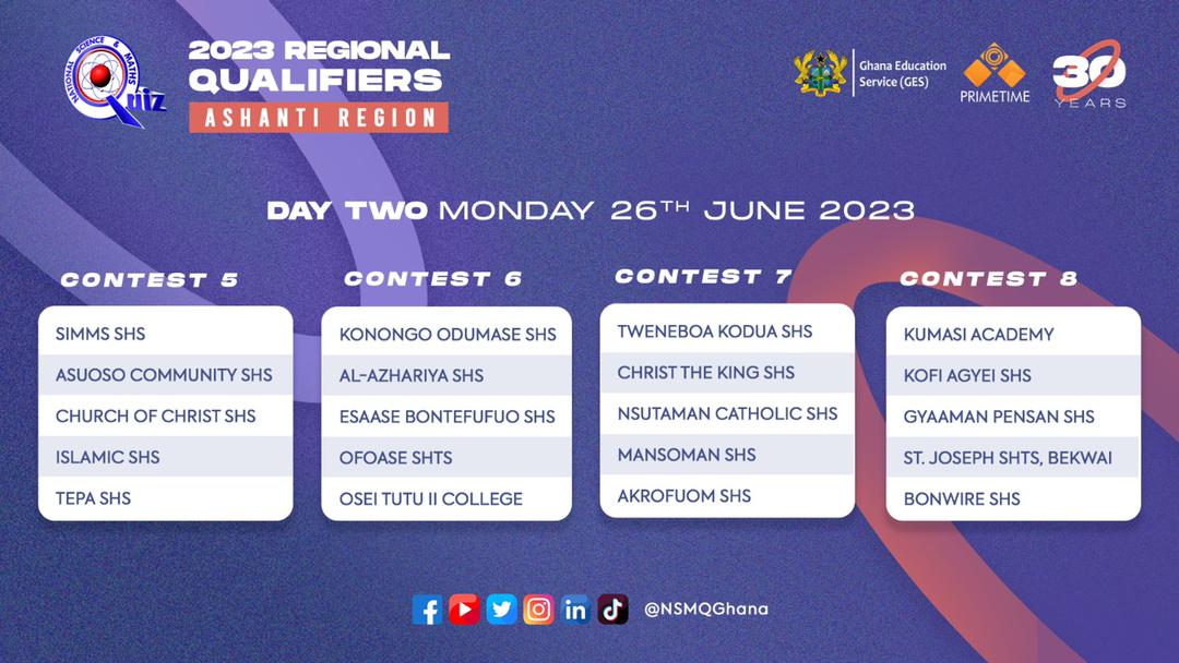 Ashanti Regional Fixtures of the 2023 NSMQ Regional Qualifiers | 2