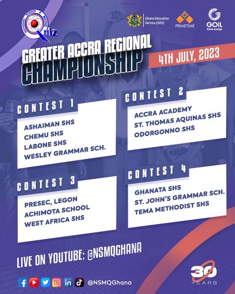 NSMQ 2023: Pairings for the Greater Accra Regional Championship for Today, July 4 | 1