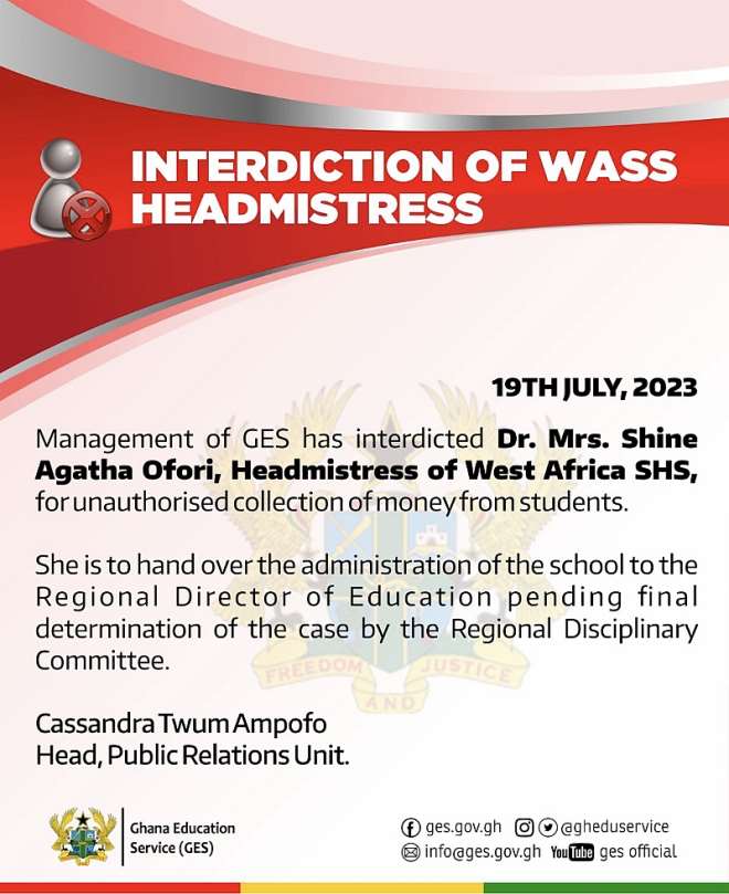 GES Interdicts Headmistress of West Africa SHS over Unauthorized Collection of Money from Students | 1