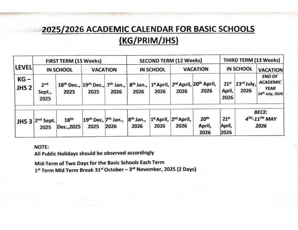 GES Releases 2025/2026 Academic Calendar for Basic Schools