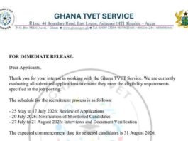 Ghana TVET Service Releases Recruitment Timeline for 2026 Nationwide Hiring Exercise