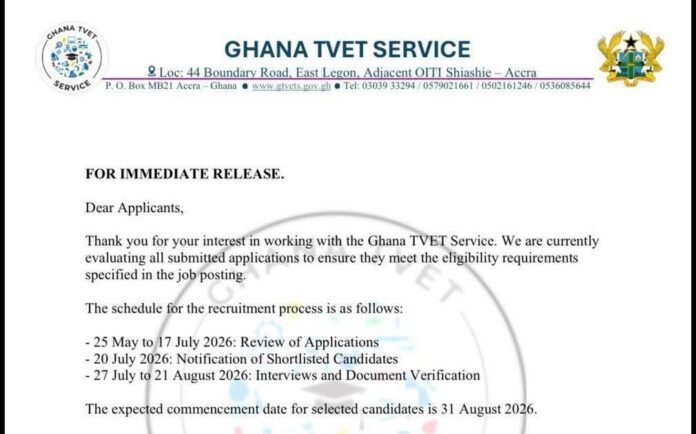 Ghana TVET Service Releases Recruitment Timeline for 2026 Nationwide Hiring Exercise Ghana TVET Service Releases Recruitment Timeline for 2026 Nationwide Hiring Exercise