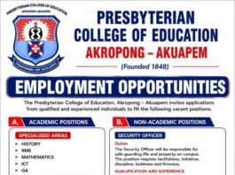 Job Vacancy: Presbyterian College of Education, Akropong-Akuapem Opens Recruitment for Tutors and Staff | Deadline: 22nd June 2026