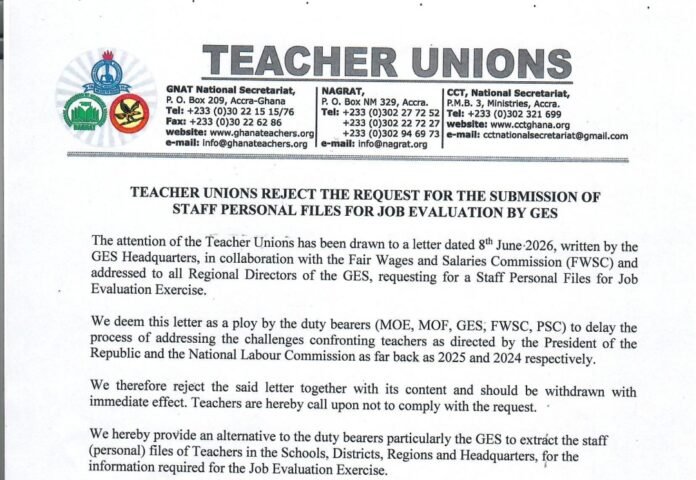 Teacher Unions Reject GES Directive on Staff File Submission for Job Evaluation Exercise